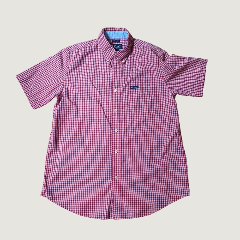 Chaps Button Down Shirt Mens Red Gingham Check Short Sleeve SIZE M